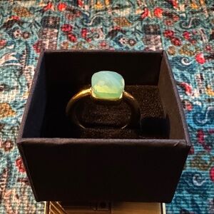 Gold Plated Stainless Steel Ring with Light Aqua Cushion Stone